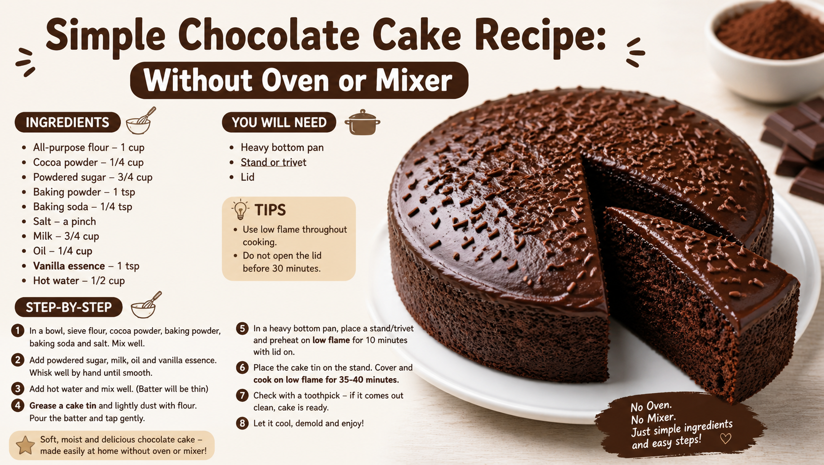 You are currently viewing Simple Chocolate Cake Recipe: Without Oven or Mixer